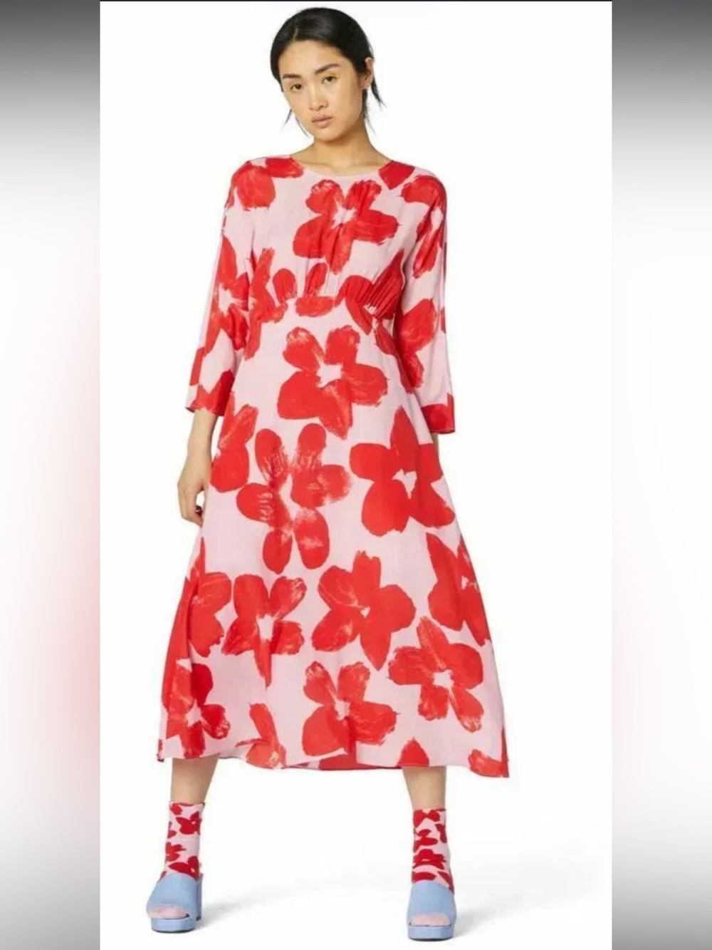 gorman Poppy Long Dress Pink with Bold Red Floral Print Silk Blend Size Small